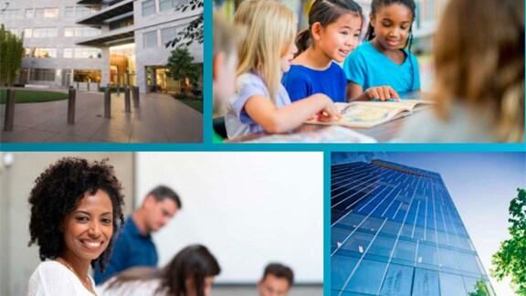 Collage of buildings, classroom, and meeting room