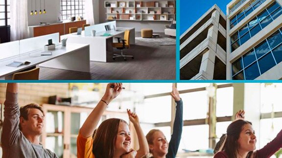 Collage of images of a building, workspace, and students in a classroom