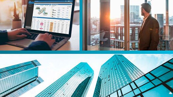 Collage of images of a laptop screen, man in office, and exterior of a building