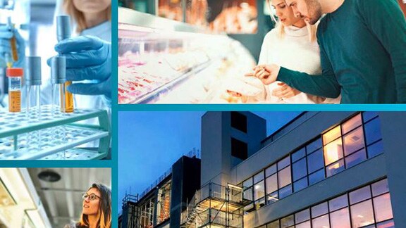 Collage of images of a building, laboratory, and supermarket