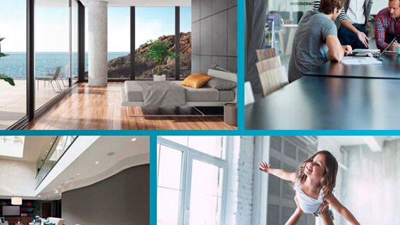 Collage of images of closed spaces like bedroom and meeting room