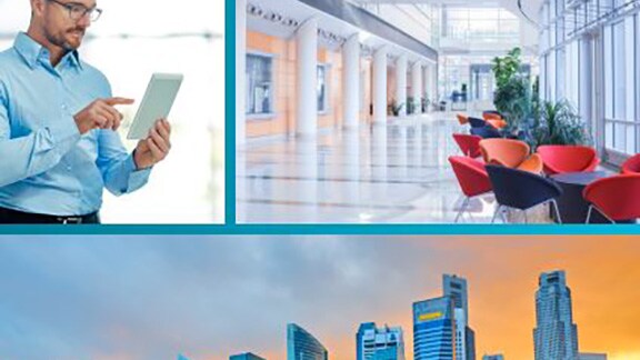 Collage of a man using a tablet, lobby of an office, and waterfront skyline of commercial buildings