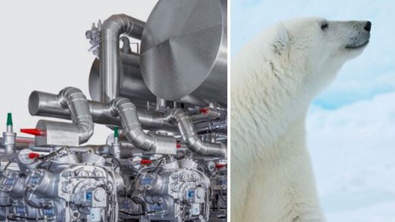 Collage of an image of HVAC equipment and a polar bear