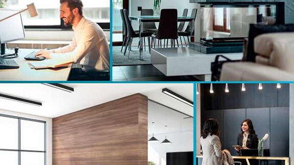 Collage of images showing the interior spaces of buildings