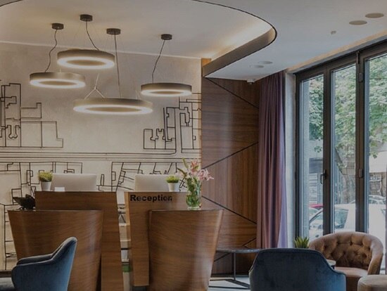 The reception and seating area of a hotel