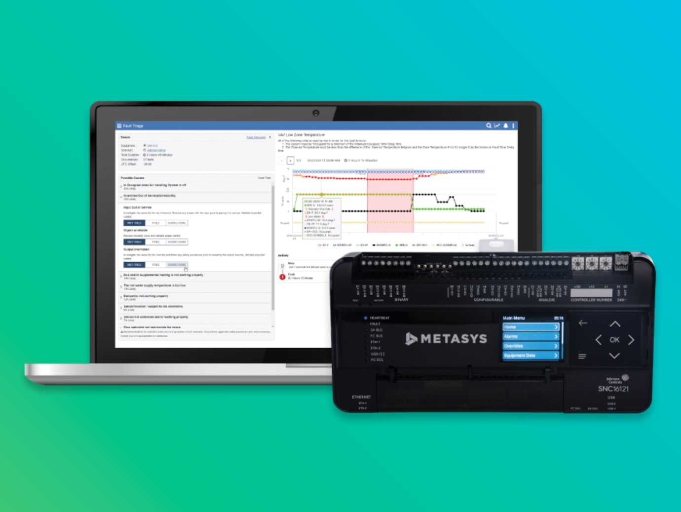 Metasys SNC16121 and a laptop on a blue green background